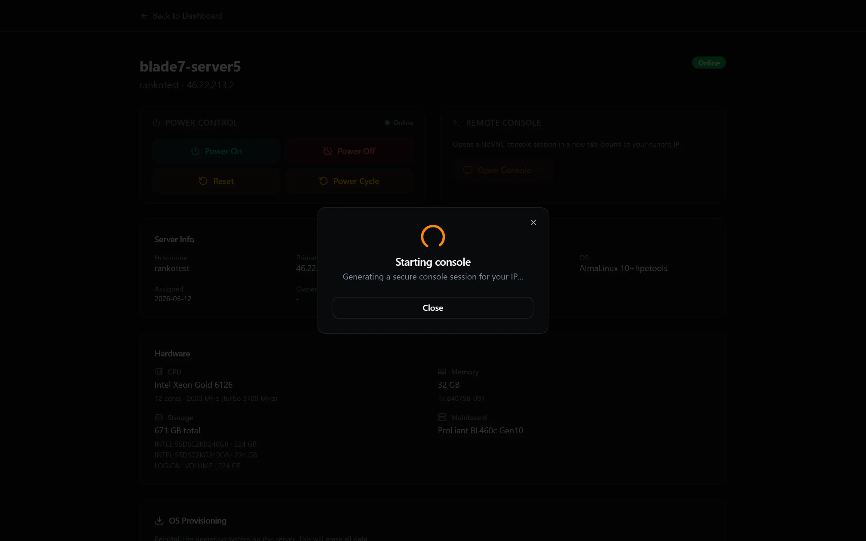 The "Starting console / Generating a secure console session" dialog