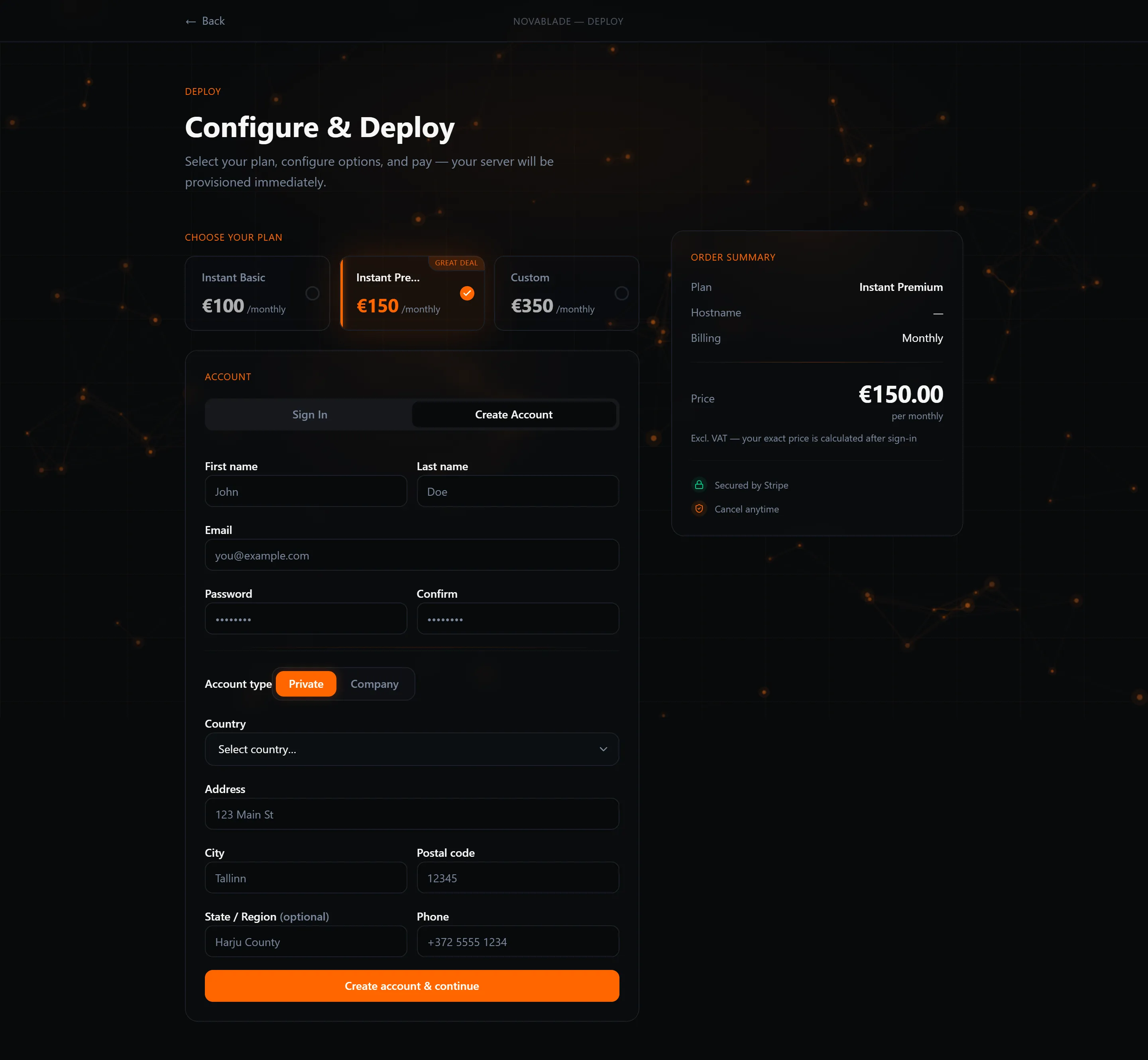 Order page showing the Create Account tab and registration form