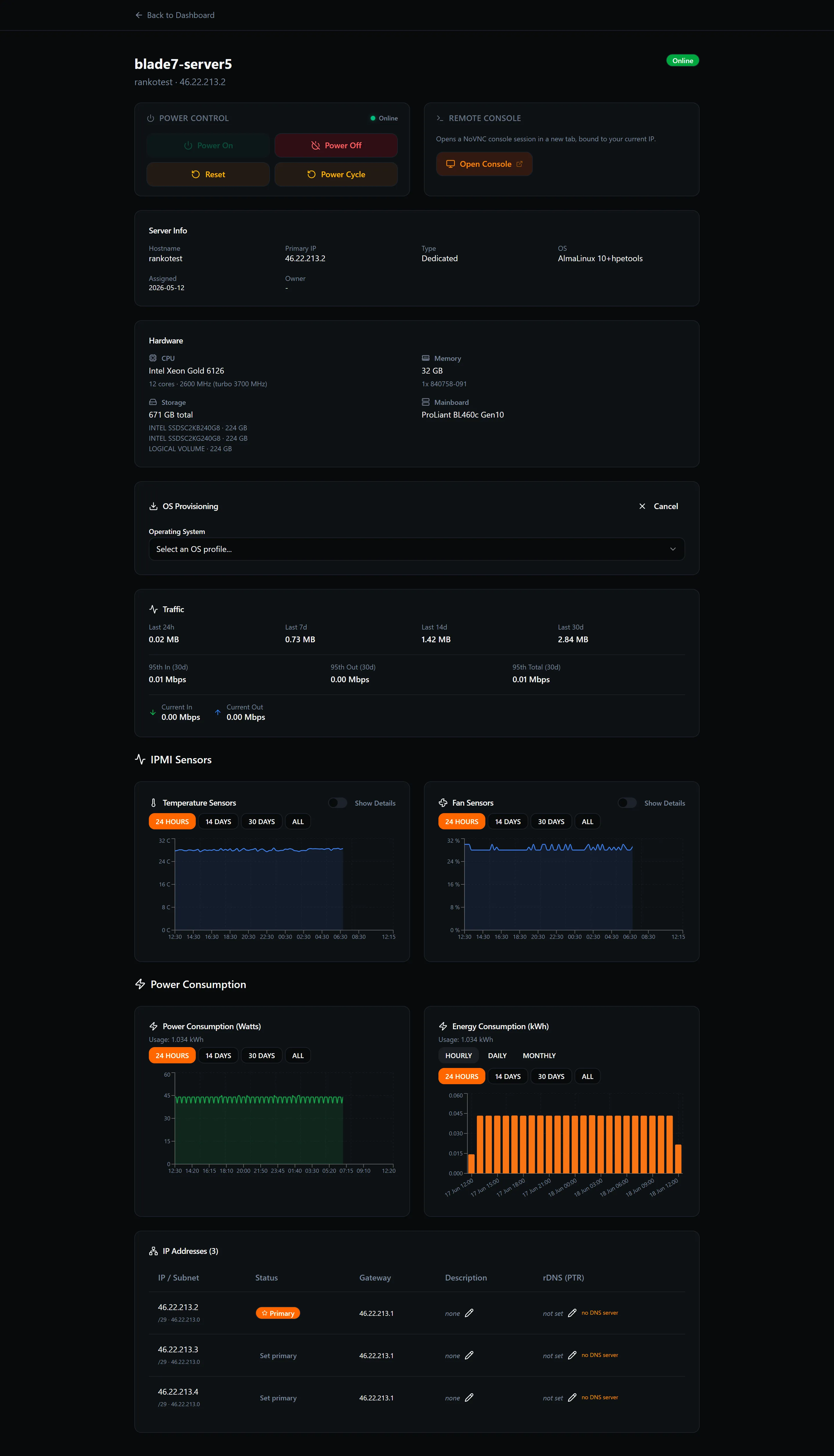 The Reinstall OS form showing OS dropdown, disk layout, root password, hostname, SSH keys, and power-after-install options