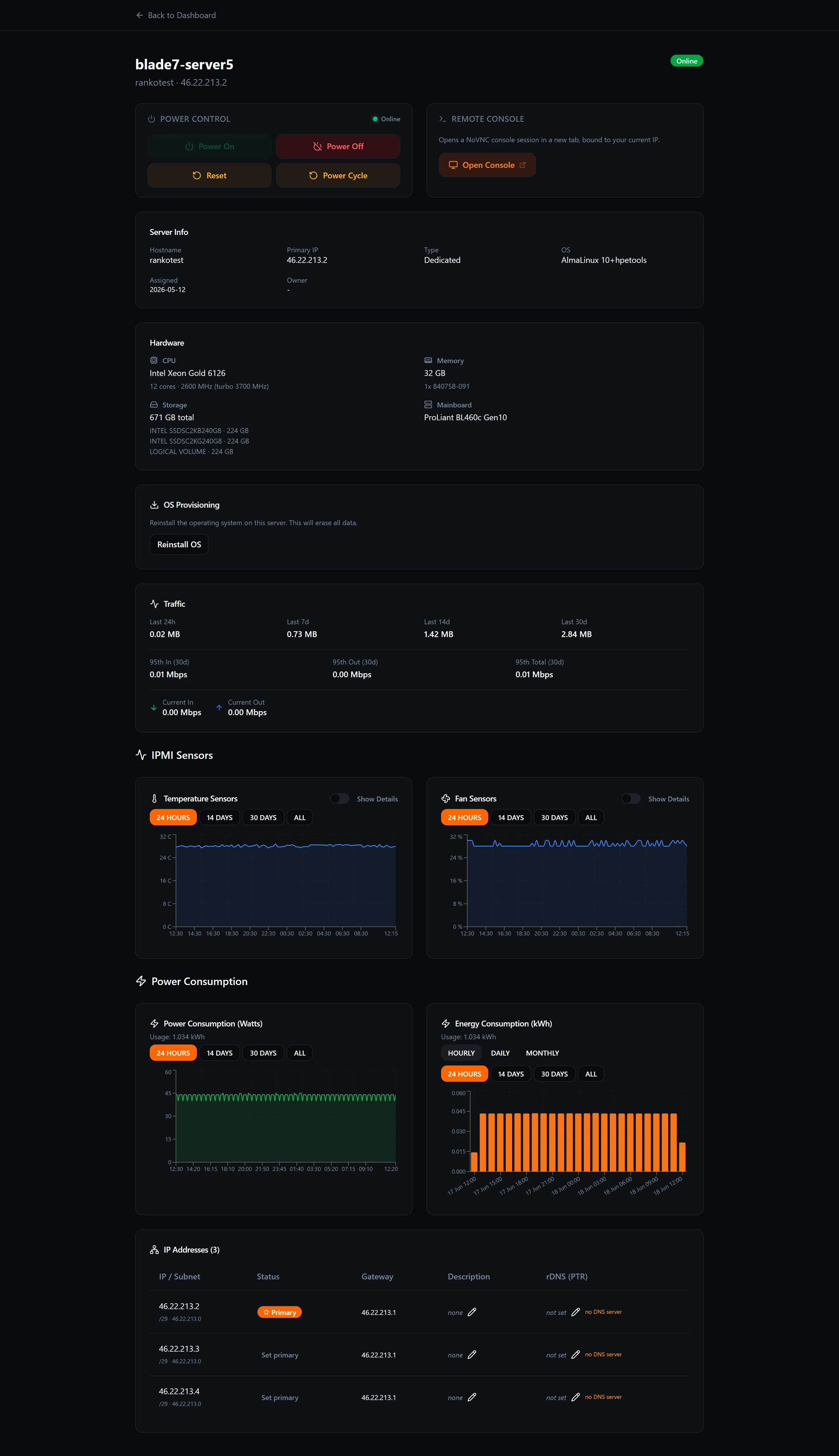 Server page showing the Power Control card with online status badge and power action buttons