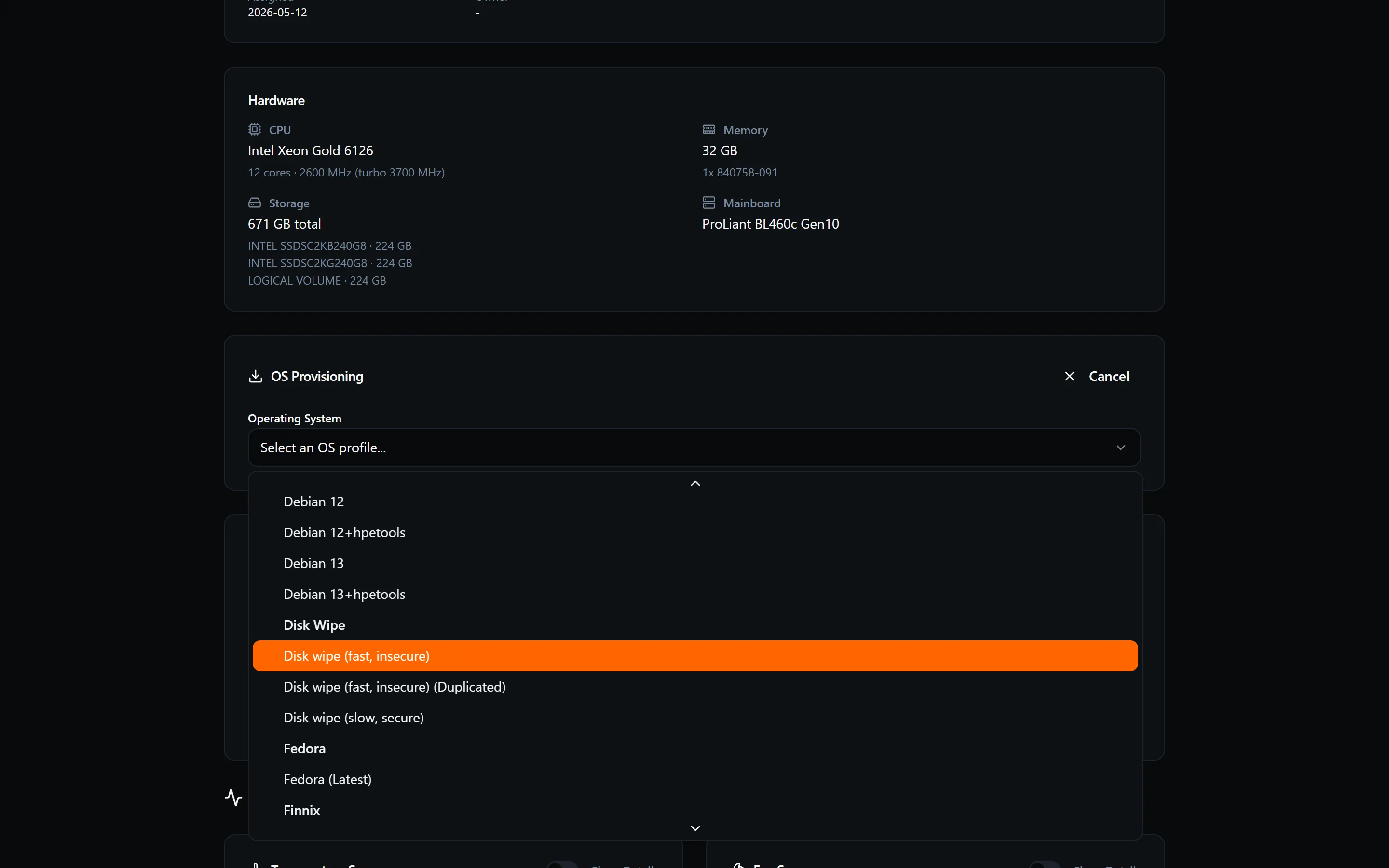 The OS dropdown showing the Disk Wipe group with fast and secure wipe options